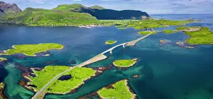 Flakstady: Aerial view, Fredvang Bridge, Torsfjorden near Fredvang