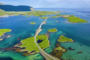 Flakstady: Aerial view, Fredvang Bridge, Torsfjorden near Fredvang