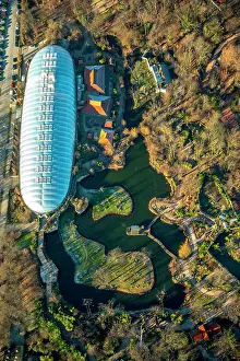 Dome: Aerial view, glass dome with water landscape, Zoo