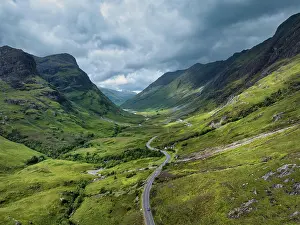 Glen: Aerial view of Glen Coe with the A82 scenic road, H