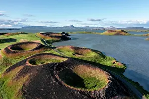 Myvatni: Aerial view of green volcanic crater, pseudo-crater