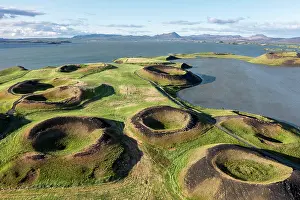 Myvatni: Aerial view of green volcanic crater, pseudo-crater