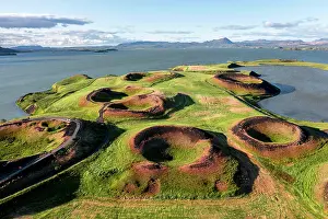 Myvatni: Aerial view of green volcanic crater, pseudo-crater