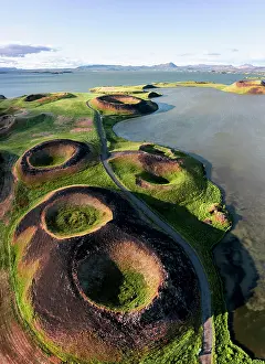 Myvatni: Aerial view of green volcanic crater, pseudo-crater