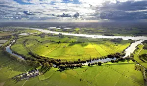 Idyllic: Aerial view, Grietherort Old Rhine landscape conservation area in backlight