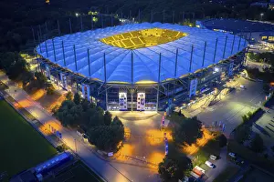 Stadium: Aerial view of the Hamburg Volksparkstadion (HSV) at blue hour