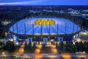 Stadium: Aerial view of the Hamburg Volksparkstadion (HSV) at blue hour