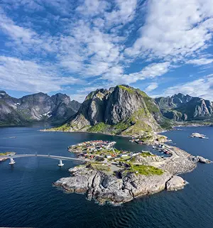 Hamnoy: Aerial view, Hamnoy, Reinefjord with mountains