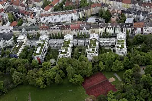 Home: Aerial view, houses with roof gardens, Munich