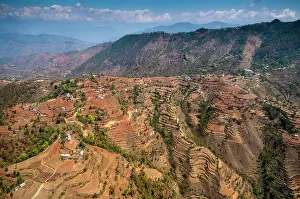 Plane: Aerial view of houses and terraces, Nepal