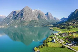Locality: Aerial view, lake Oppstrynsvatnet, mountains behind
