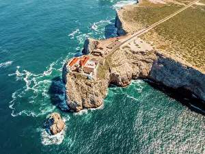 Ledge: Aerial view, lighthouse on the cliffs, Saint Vincent