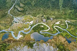 Norrbotten: Aerial view, meandering river landscape in the Rapa