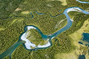 Norrbotten: Aerial view, meandering river landscape in the Rapa
