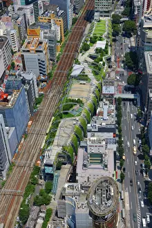 Line: Aerial view of Miyashita Park and railway line in Shibuya, Tokyo, Japan