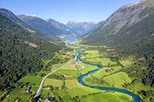 Fjordane: Aerial view, mountain valley with meandering river