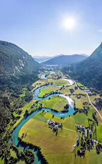 Fjordane: Aerial view, mountain valley with meandering river