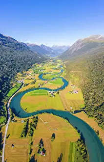 Fjordane: Aerial view, mountain valley with meandering river