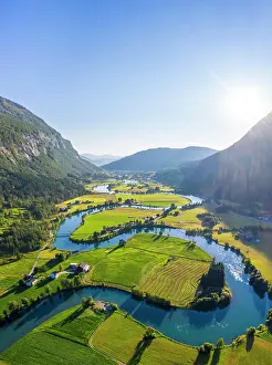 Fjordane: Aerial view, mountain valley with meandering river