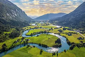Fjordane: Aerial view, mountain valley with meandering river
