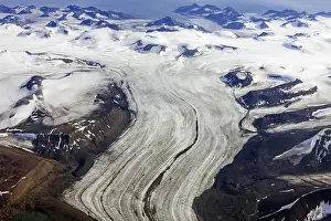 Circle: Aerial view of mountainous landscape of Spitsbergen