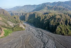 Current: Aerial view, panorama, gorge, mountains and glacier