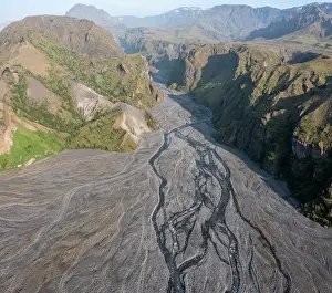 Current: Aerial view, panorama, gorge, mountains and glacier