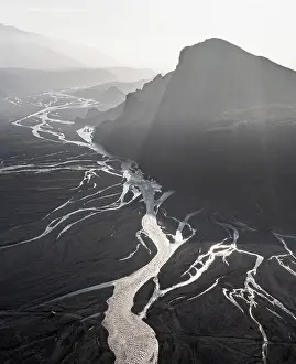 Current: Aerial view, panorama, mountains and glacier river