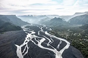 Current: Aerial view, panorama, mountains and glacier river