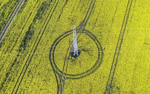 Line: Aerial view of power line with power lines in a