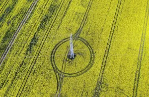 Line: Aerial view of power line with power lines in a
