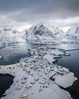 Moskenesy: Aerial view, Reinefjord with snowy mountains, view