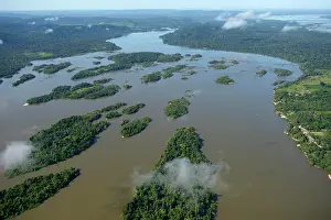 Floods: Aerial view, river landscape, small islands in the
