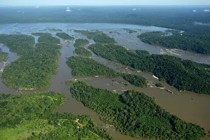 Floods: Aerial view, river landscape, small islands in the