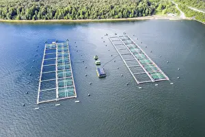 Highway: Aerial view of a salmon farm south of Puyuhuapi