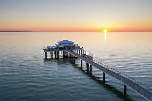Pier: Aerial view at the seabridge with restaurant - Timmendorfer