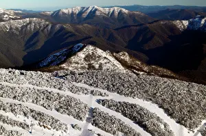 Buller: Aerial view of ski runs on Mount Buller in winter