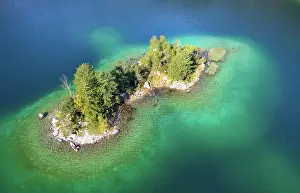 Eibsee: Aerial view of a small island with trees in the