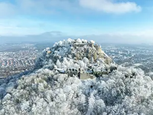 Defence: Aerial view of the snow-covered Hegau volcano Hohentwiel