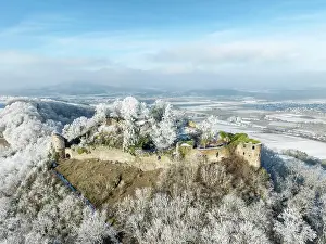 Defence: Aerial view of the snow-covered Hegau volcano Mcgdeberg