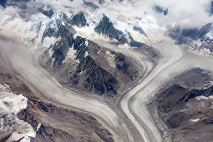 Tibet: Aerial view of snow mountain and glacier on Tibetan