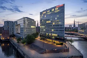 Aerials: Aerial view of the Spiegel building at Ericusspitze in Hamburg's HafenCity in the Brooktorkai neighbourhood