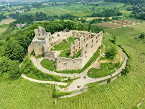 Viniculture: Aerial view of Staufen Castle, on a vineyard, Schlossberg