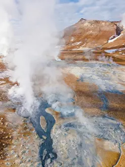Fumarole: Aerial view, steaming river and fumaroles, geothermal