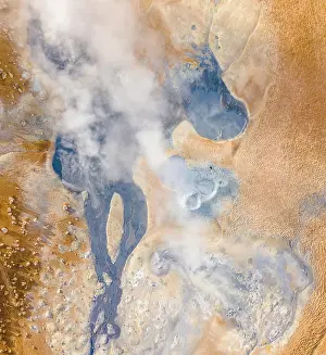 Fumarole: Aerial view, steaming river and fumaroles, geothermal