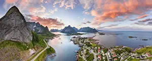 Townsmall: Aerial view, sunset at Reinefjord with mountains