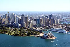 Ships: Aerial view of Sydney city skyline, harbour, Opera