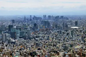 Housing: Aerial view of the Tokyo skyline looking towards Shinjuku, Tokyo, Japan