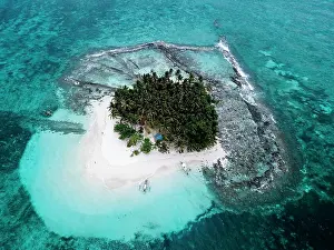 Dreamlike: Aerial view, tropical palm island with sandy beach