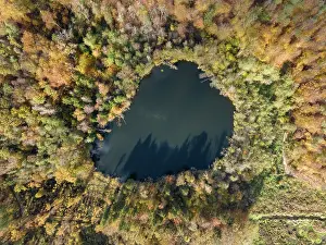 County: Aerial view, top down view of Litzelsee with autumn